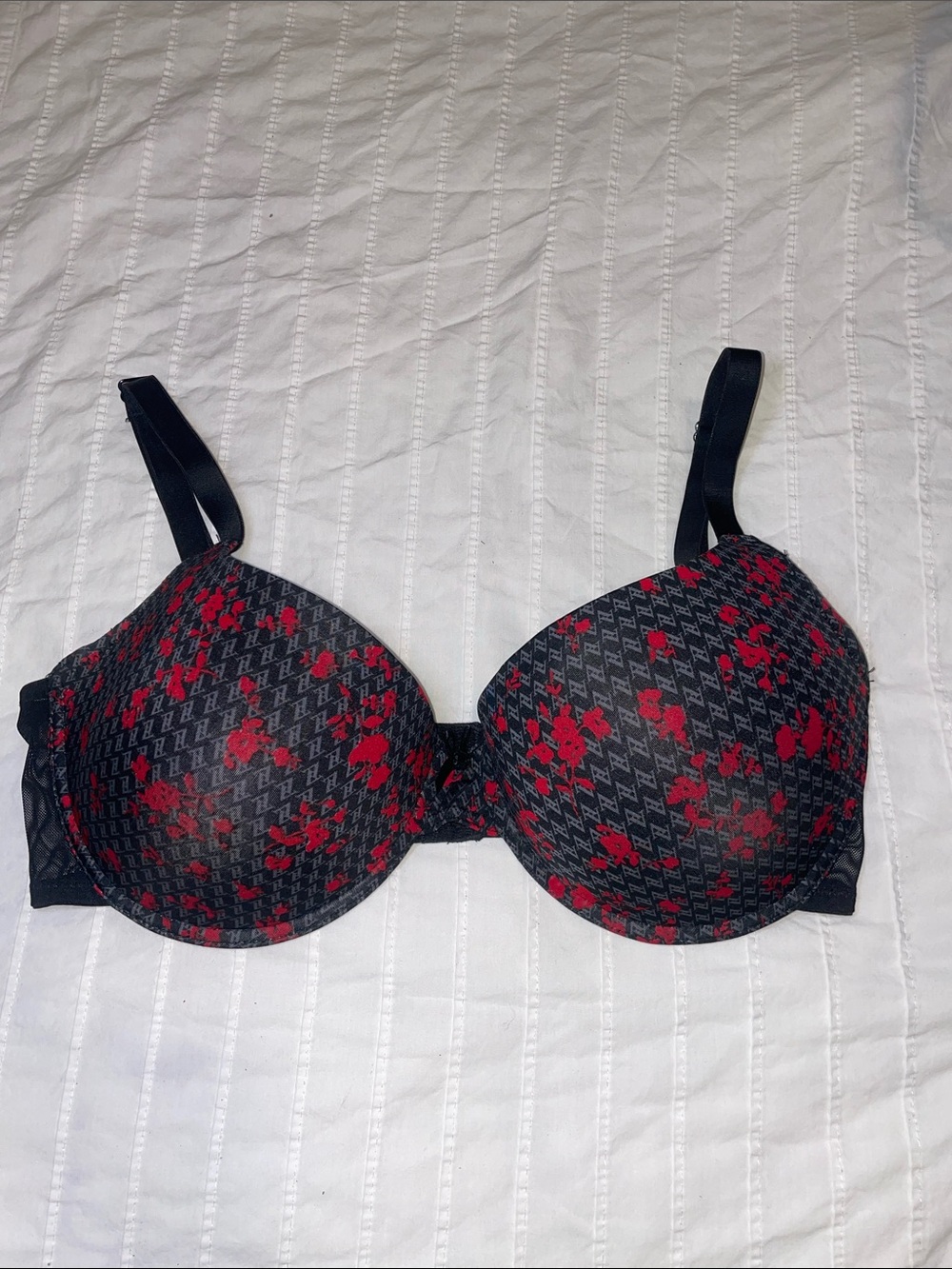 Adrienne Vittadini Black Bra with Red Floral Print Adjustable Straps